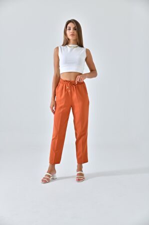 Kiremit Beli Lastikli Bağcıklı Fit Pantolon