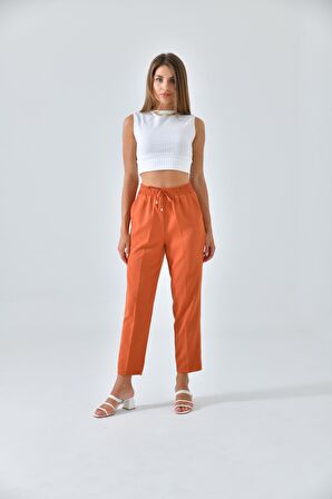 Kiremit Beli Lastikli Bağcıklı Fit Pantolon