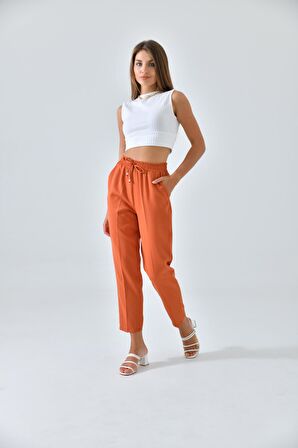 Kiremit Beli Lastikli Bağcıklı Fit Pantolon