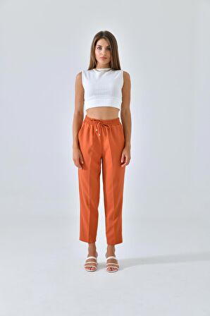 Kiremit Beli Lastikli Bağcıklı Fit Pantolon