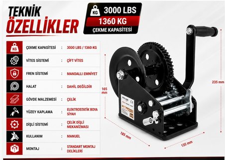 KOLLU IRGAT EL VİNCİ 3000LBS 1134kg.