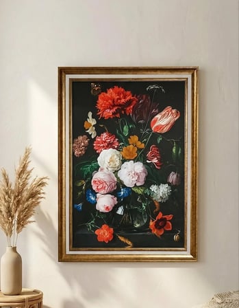 ntika Gold Çerçeveli Barok Tarzı Çiçek Buketi Tablosu - Vintage Salon Duvar Dekoru 60x80 cm