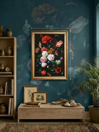 ntika Gold Çerçeveli Barok Tarzı Çiçek Buketi Tablosu - Vintage Salon Duvar Dekoru 60x80 cm