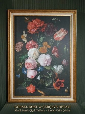 ntika Gold Çerçeveli Barok Tarzı Çiçek Buketi Tablosu - Vintage Salon Duvar Dekoru 60x80 cm