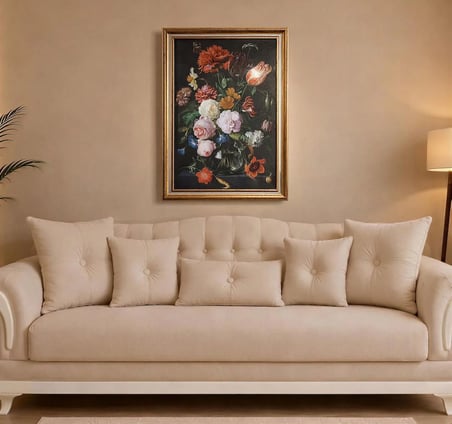 ntika Gold Çerçeveli Barok Tarzı Çiçek Buketi Tablosu - Vintage Salon Duvar Dekoru 60x80 cm