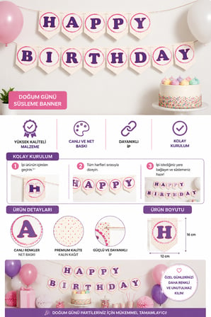 Dekoratif Happy Birthday Puantiyeli Kağıt Banner İpli Doğum Günü Parti Süsleme Seti