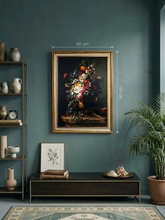 lasik Gold Çerçeveli Altın Vazoda Zengin Çiçekler Tablosu Lüks Salon Duvar Dekoru 60x80 cm