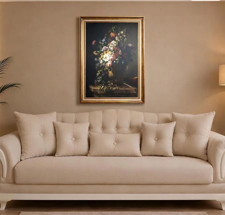 lasik Gold Çerçeveli Altın Vazoda Zengin Çiçekler Tablosu Lüks Salon Duvar Dekoru 60x80 cm