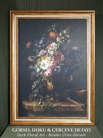 lasik Gold Çerçeveli Altın Vazoda Zengin Çiçekler Tablosu Lüks Salon Duvar Dekoru 60x80 cm