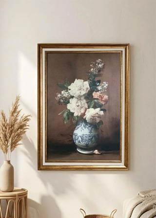 Gold Çerçeveli Vintage Klasik Dekoratif Tablo 60x80 cm – Vazoda Gül Yağlı Boya Dokulu Duvar Tablosu