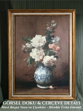 Gold Çerçeveli Vintage Klasik Dekoratif Tablo 60x80 cm – Vazoda Gül Yağlı Boya Dokulu Duvar Tablosu