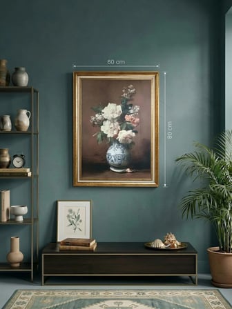 Gold Çerçeveli Vintage Klasik Dekoratif Tablo 60x80 cm – Vazoda Gül Yağlı Boya Dokulu Duvar Tablosu