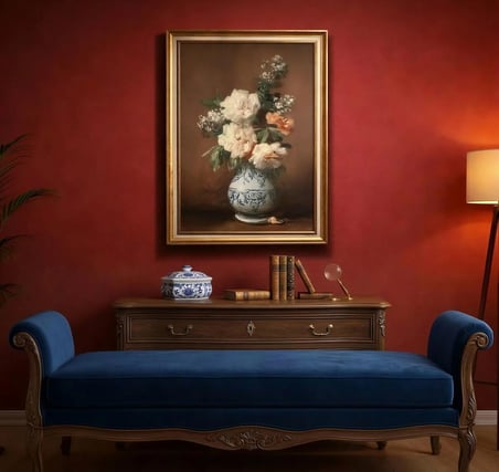 Gold Çerçeveli Vintage Klasik Dekoratif Tablo 60x80 cm – Vazoda Gül Yağlı Boya Dokulu Duvar Tablosu