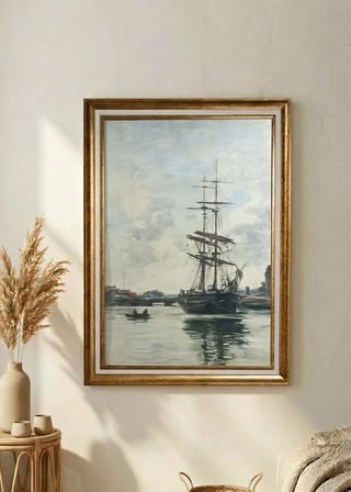 Gold Çerçeveli Vintage Klasik Dekoratif Tablo 60x80 cm – Yelkenli Gemi Yağlı Boya Dokulu Duvar Tablosu