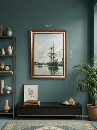 Gold Çerçeveli Vintage Klasik Dekoratif Tablo 60x80 cm – Yelkenli Gemi Yağlı Boya Dokulu Duvar Tablosu