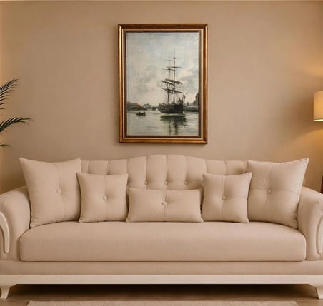 Gold Çerçeveli Vintage Klasik Dekoratif Tablo 60x80 cm – Yelkenli Gemi Yağlı Boya Dokulu Duvar Tablosu