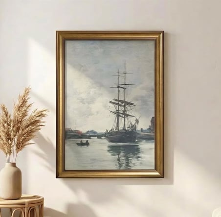 Gold Çerçeveli Dekoratif Vintage Tablo 60x80 cm – Klasik Nostaljik Deniz ve Yelkenli Yağlı Boya Görünümlü Duvar Tablosu