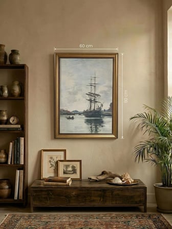 Gold Çerçeveli Dekoratif Vintage Tablo 60x80 cm – Klasik Nostaljik Deniz ve Yelkenli Yağlı Boya Görünümlü Duvar Tablosu