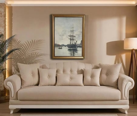 Gold Çerçeveli Dekoratif Vintage Tablo 60x80 cm – Klasik Nostaljik Deniz ve Yelkenli Yağlı Boya Görünümlü Duvar Tablosu