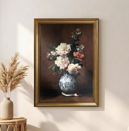Gold Çerçeveli Vintage Klasik Dekoratif Tablo 60x80 cm – Porselen Vazoda Gül Yağlı Boya Dokulu Duvar Tablosu