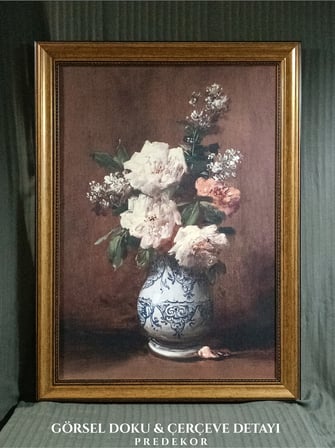 Gold Çerçeveli Vintage Klasik Dekoratif Tablo 60x80 cm – Porselen Vazoda Gül Yağlı Boya Dokulu Duvar Tablosu