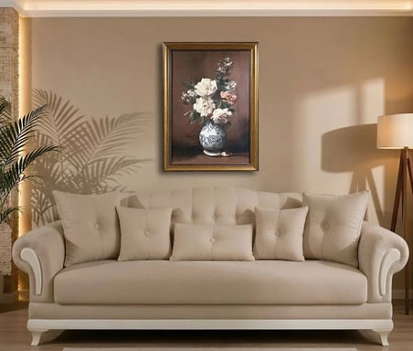 Gold Çerçeveli Vintage Klasik Dekoratif Tablo 60x80 cm – Porselen Vazoda Gül Yağlı Boya Dokulu Duvar Tablosu