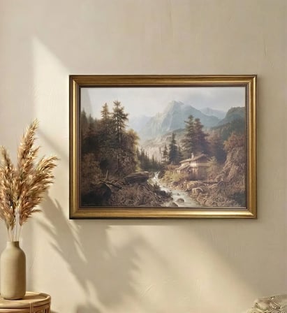 Vintage Klasik Gold Çerçeveli Manzara Tablosu 60x80 cm – Klasik Doğa ve Dağ Evi Manzaralı Dekoratif Tablo