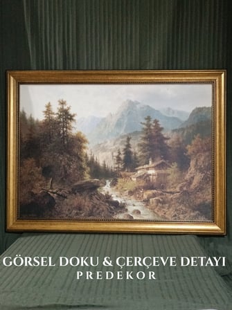 Vintage Klasik Gold Çerçeveli Manzara Tablosu 60x80 cm – Klasik Doğa ve Dağ Evi Manzaralı Dekoratif Tablo