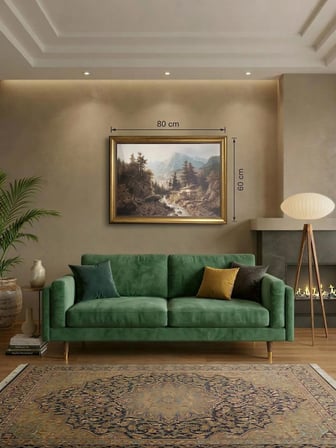 Vintage Klasik Gold Çerçeveli Manzara Tablosu 60x80 cm – Klasik Doğa ve Dağ Evi Manzaralı Dekoratif Tablo