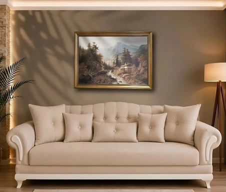 Vintage Klasik Gold Çerçeveli Manzara Tablosu 60x80 cm – Klasik Doğa ve Dağ Evi Manzaralı Dekoratif Tablo