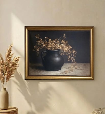Gold Çerçeveli Dekoratif Vintage Tablo 60x80 cm – Klasik Botanik Kurumuş Çiçekli Yağlı Boya Görünümlü Duvar Tablosu