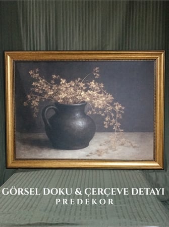 Gold Çerçeveli Dekoratif Vintage Tablo 60x80 cm – Klasik Botanik Kurumuş Çiçekli Yağlı Boya Görünümlü Duvar Tablosu