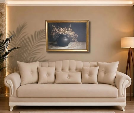 Gold Çerçeveli Dekoratif Vintage Tablo 60x80 cm – Klasik Botanik Kurumuş Çiçekli Yağlı Boya Görünümlü Duvar Tablosu