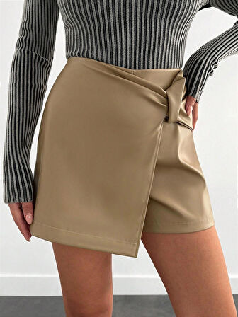 Pu Deri Pensli Fermuarlı Şort Etek