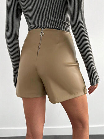 Pu Deri Pensli Fermuarlı Şort Etek