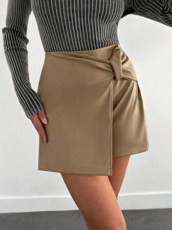 Pu Deri Pensli Fermuarlı Şort Etek