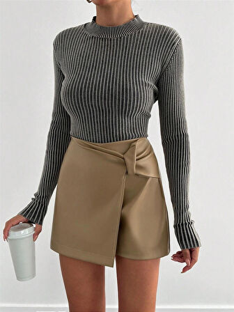 Pu Deri Pensli Fermuarlı Şort Etek