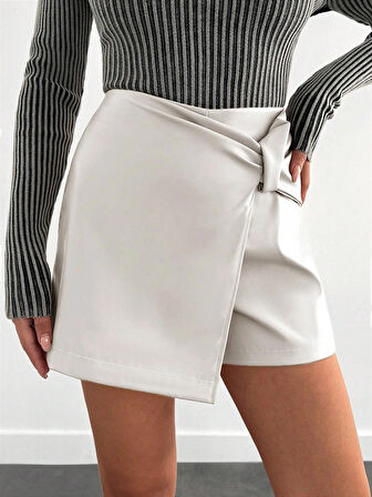 Pu Deri Pensli Fermuarlı Şort Etek