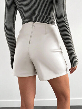 Pu Deri Pensli Fermuarlı Şort Etek