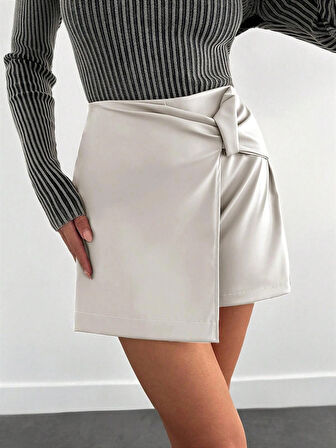 Pu Deri Pensli Fermuarlı Şort Etek