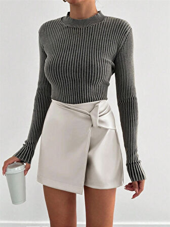 Pu Deri Pensli Fermuarlı Şort Etek