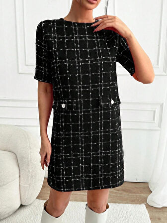 Keten Görünümlü Kısa Kollu Pervazlı Bol Kesim Elbise