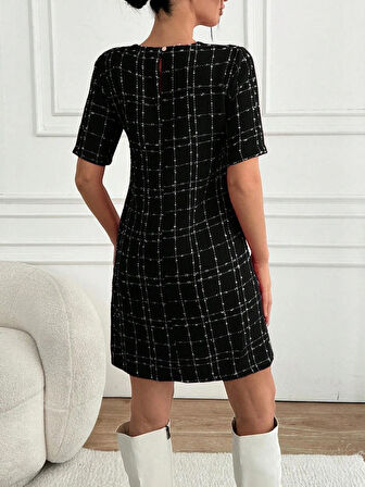 Keten Görünümlü Kısa Kollu Pervazlı Bol Kesim Elbise