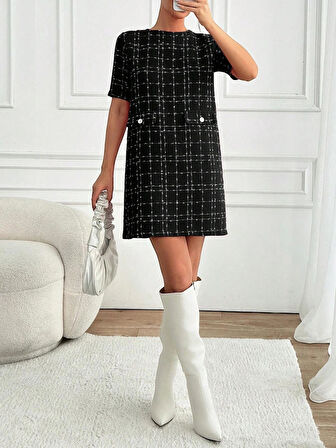 Keten Görünümlü Kısa Kollu Pervazlı Bol Kesim Elbise