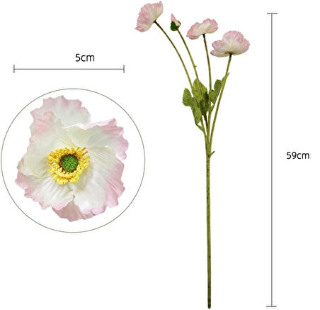 Yapay Çiçek Gelincik Çiçeği Pembe Açık Renk 3 Çiçek 1 Tomurcuk 59Cm