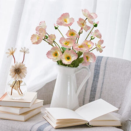 Yapay Çiçek Gelincik Çiçeği Pembe Açık Renk 3 Çiçek 1 Tomurcuk 59Cm