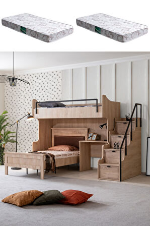 Ranza, Polo Çift Kişilik Çalışma Masalı Ceviz Ranza + 2 Adet Comfort Yatak
