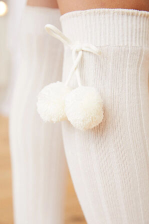 Ponpon Kız Çocuk Dizüstü Çorap Ekru
