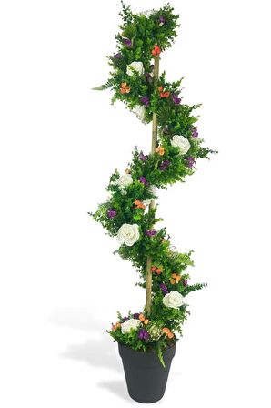Yapay Ağaç Beyaz Pastel Şakayıklı Spiral Şimşir Ağacı 160cm Bambu Saplı Salon Bitkisi