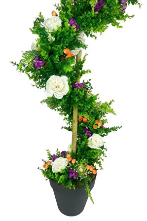 Yapay Ağaç Beyaz Pastel Şakayıklı Spiral Şimşir Ağacı 160cm Bambu Saplı Salon Bitkisi